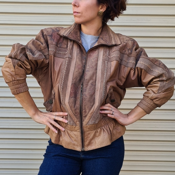 80s VINTAGE LEATHER JACKET Size 8-14 shoulder pads tan floral - Picture 5 of 14